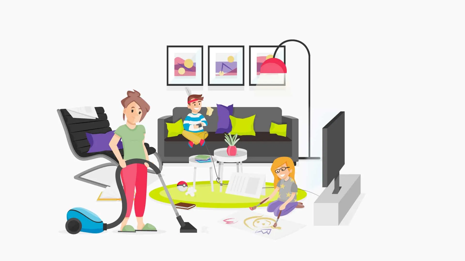 Illustriertes Wohnzimmer: Mutter staubsaugt, der Sohn sitzt auf dem Sofa, die Tochter malt am Boden.