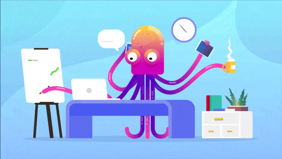 Oktopus am Schreibtisch malt, tippt, telefoniert und hält Kaffee – alles mit acht Armen gleichzeitig