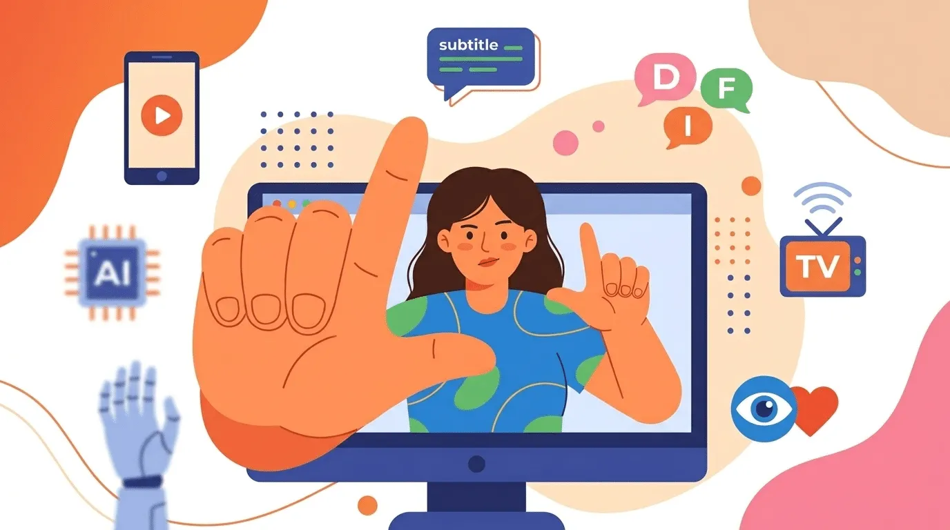 Frau auf einem Monitor rahmt mit den Händen, drumherum Icons für Untertitel, KI, Sprachen, TV und Handy.