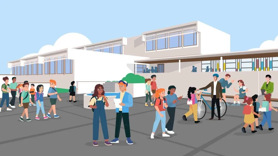 Illustrierter Pausenplatz: Schülerinnen und Schüler unterhalten sich vor einem flachen Schulgebäude.