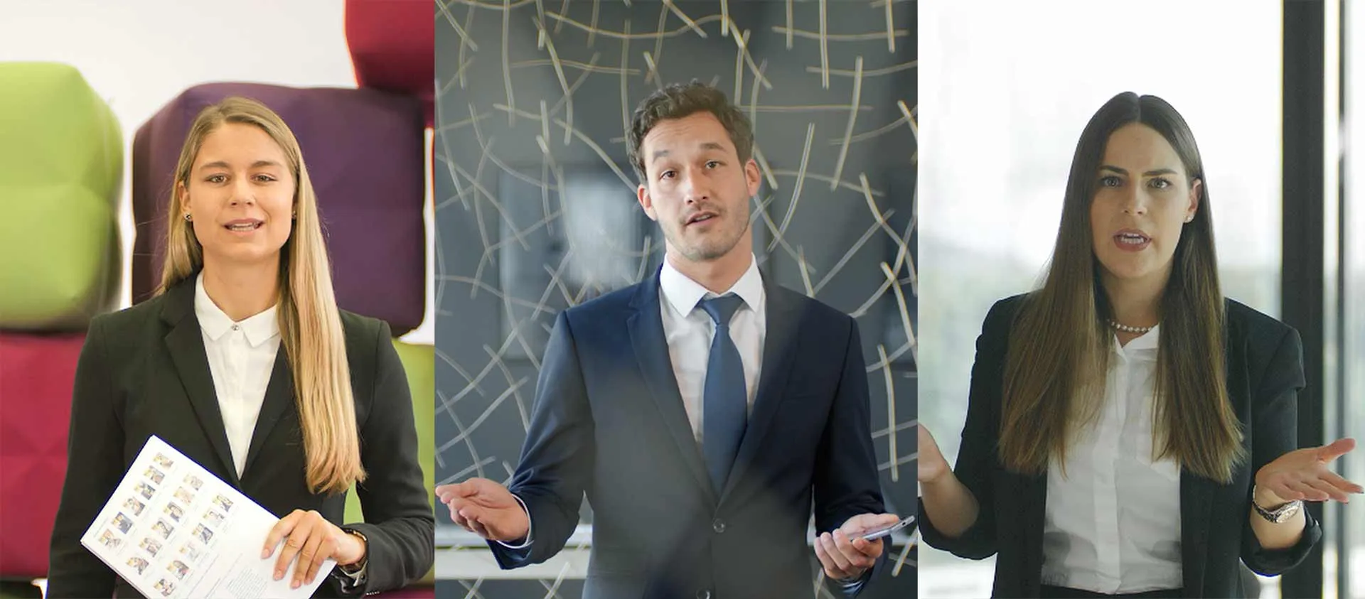 Drei Videostills: Mitarbeitende in Businesskleidung sprechen gestikulierend in die Kamera