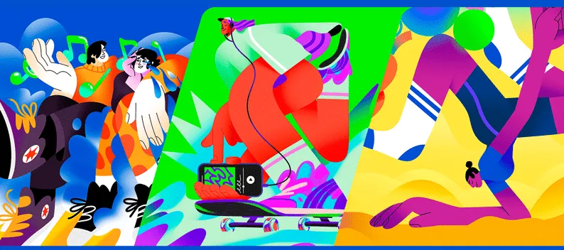 Trois panneaux aux couleurs néon: des silhouettes qui dansent, un skateboard avec un téléphone et un athlète qui s’étire.
