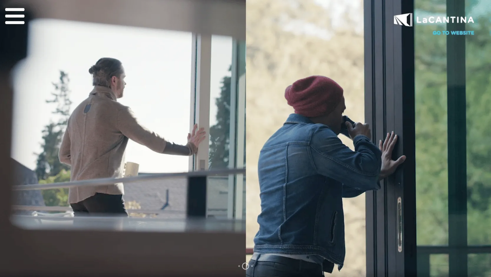 Interaktives Video im geteilten Bild: zwei Männer öffnen grosse Glasschiebetüren, oben ein Link zur Herstellerseite.
