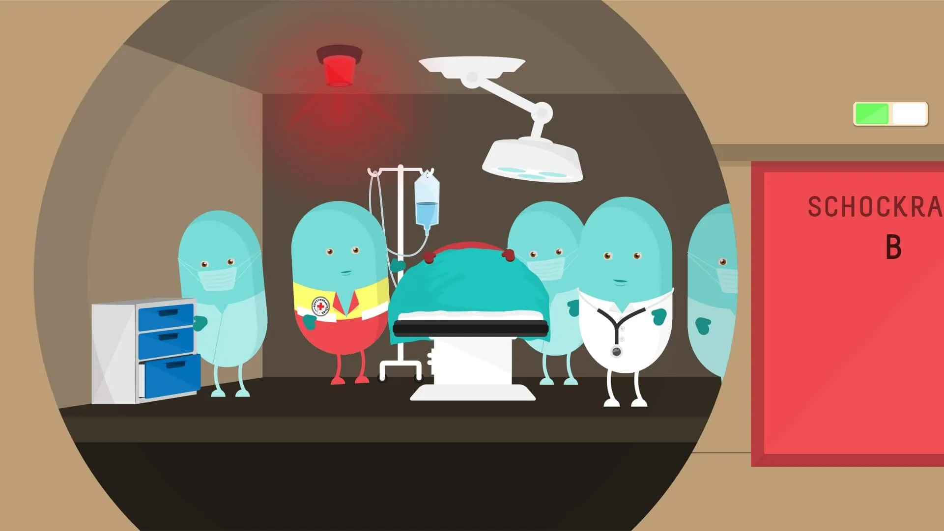 Animationsfiguren als Pflege- und Rettungsteam stehen um einen OP-Tisch im abgedunkelten Schockraum B.