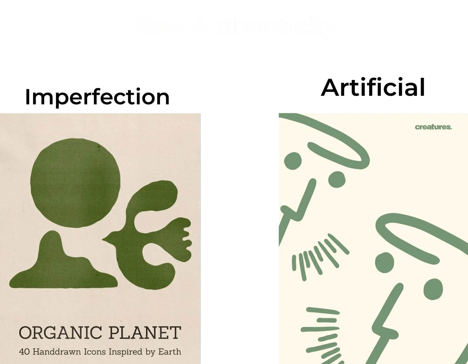 Zwei Poster im Vergleich: links handgezeichnete organische Formen «Imperfection», rechts klare Vektorlinien «Artificial».