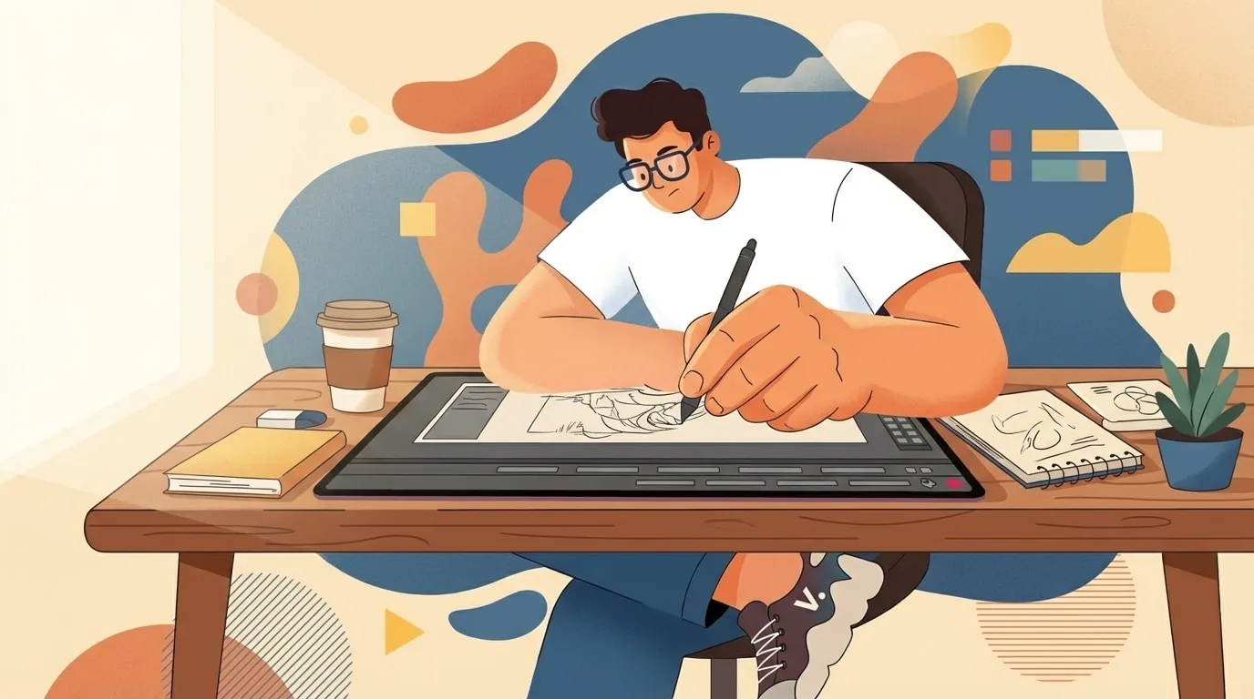Illustrator zeichnet mit Stift auf einem Grafiktablett, daneben Kaffeebecher, Skizzenbuch und Pflanze