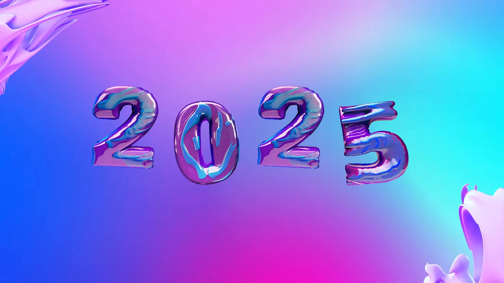 Glänzende 3D-Ziffern «2025» in Chromoptik vor pink-blauem Farbverlauf