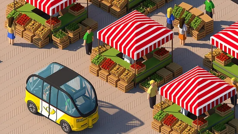 Isometrische 3D-Szene: gelbes selbstfahrendes Shuttle fährt an Marktständen mit Gemüsekisten vorbei.