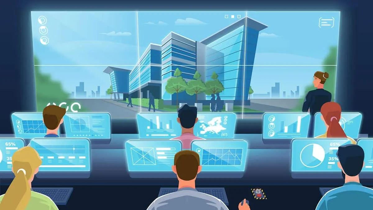 Illustrierter Kontrollraum: Personen an Monitoren, auf der Videowand ein überwachtes Bürogebäude.