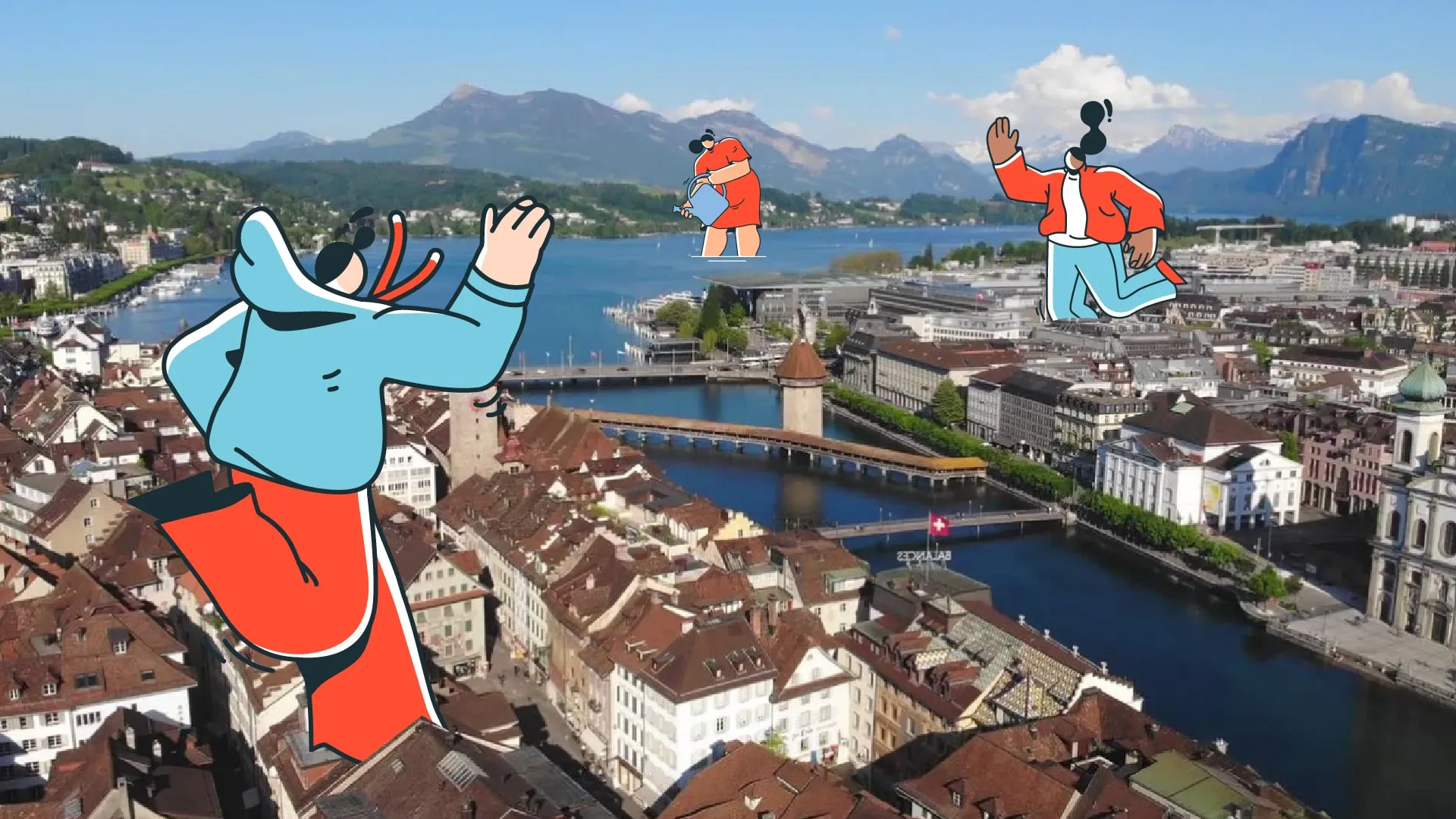 Vue aérienne de Lucerne avec le pont de la Chapelle, surmontée de personnages animés surdimensionnés dessinés en flat design