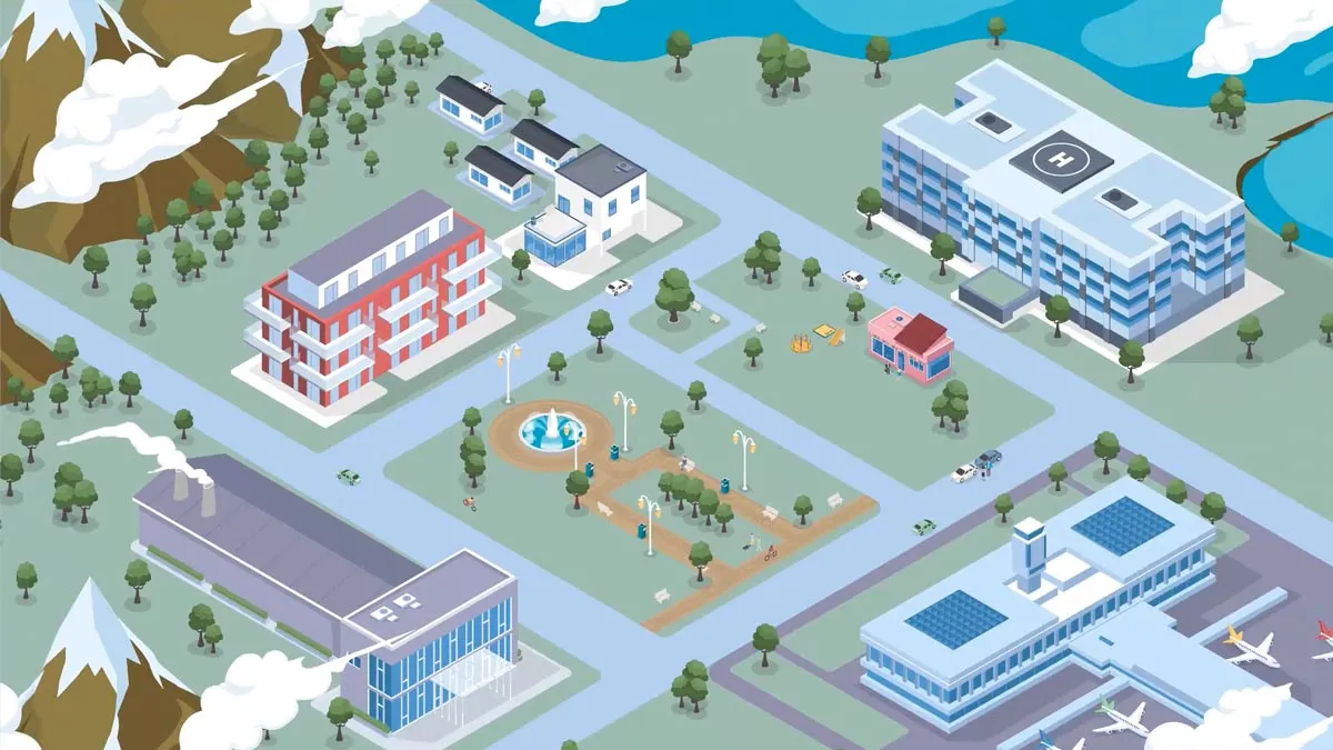 Isometrische Stadtillustration mit Spital samt Helikopterlandeplatz, Flughafen, Wohnhäusern, Fabrik und Park.
