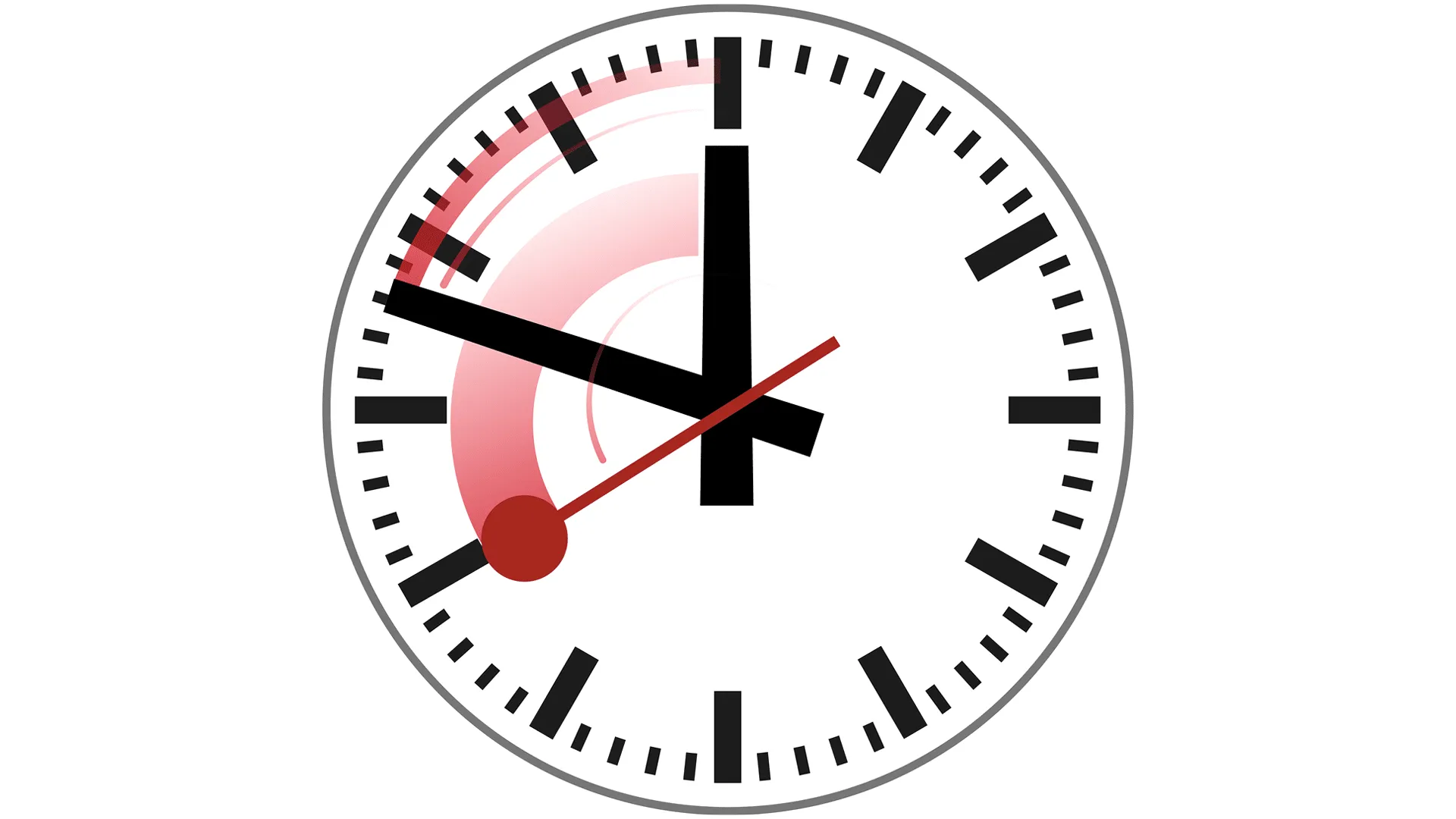 Schweizer Bahnhofsuhr auf neun Uhr, der rote Sekundenzeiger läuft mit Schweif rückwärts