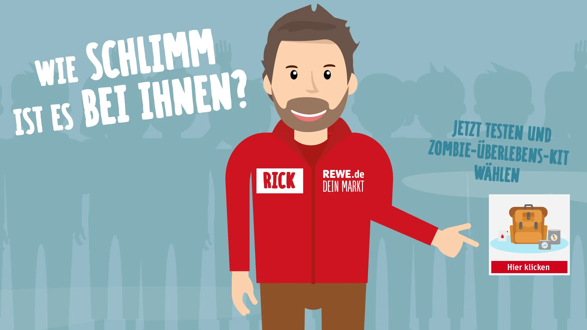 REWE-Mitarbeiter Rick vor Zombie-Silhouetten, daneben der Button zum Zombie-Überlebens-Kit.