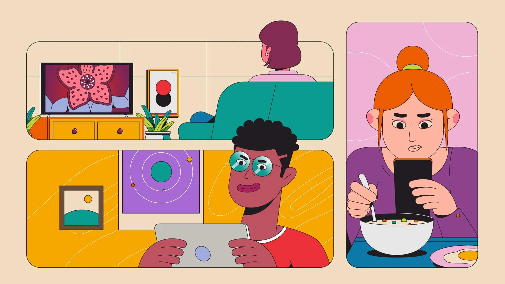 Mise en page en bento box de tuiles arrondies montrant une scène télé, une personne sur tablette et une femme au téléphone en train de manger.