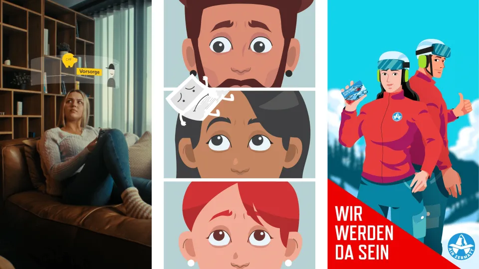 Drei Stills aus Microvideos: Frau mit Handy auf dem Sofa, animierte Gesichter, Rettungsteam-Plakat