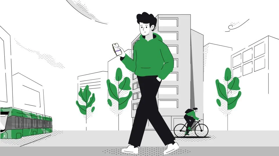 Linienillustration: Mann mit Smartphone geht durch die Stadt, dahinter ein grünes Tram und ein Velofahrer