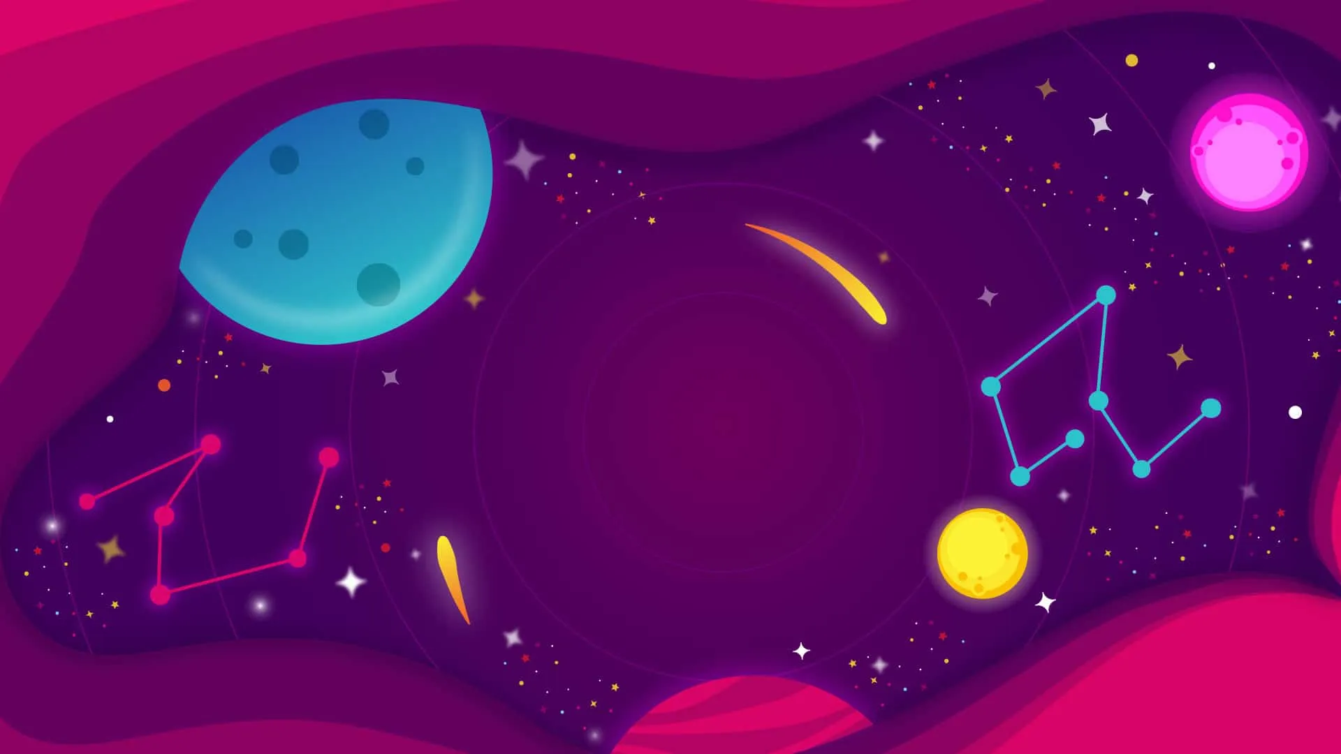 Illustrierter Weltraum in Violett und Pink mit Planeten, Sternbildern und Sternschnuppen.