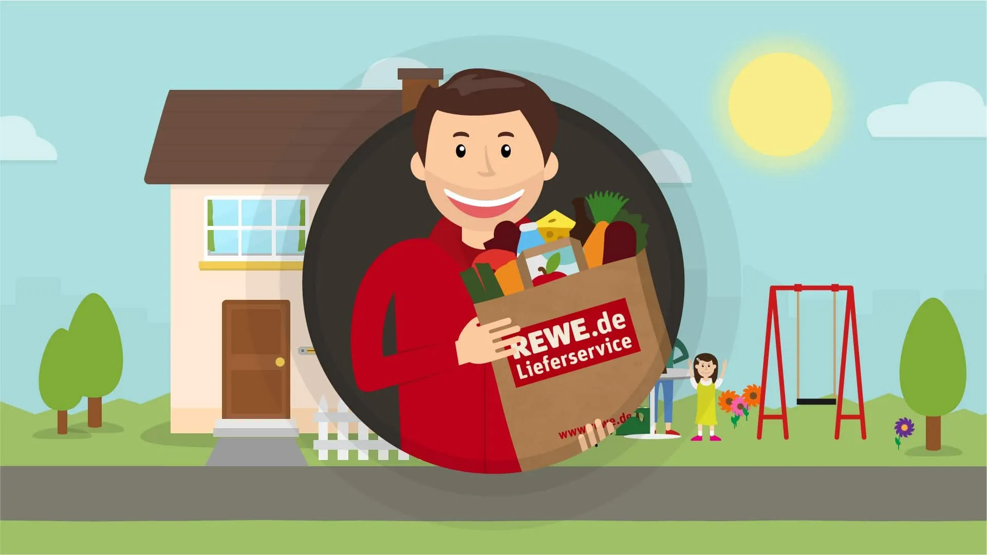 Comicfigur in Rot hält vor einem Einfamilienhaus eine Einkaufstüte mit der Aufschrift «REWE.de Lieferservice»