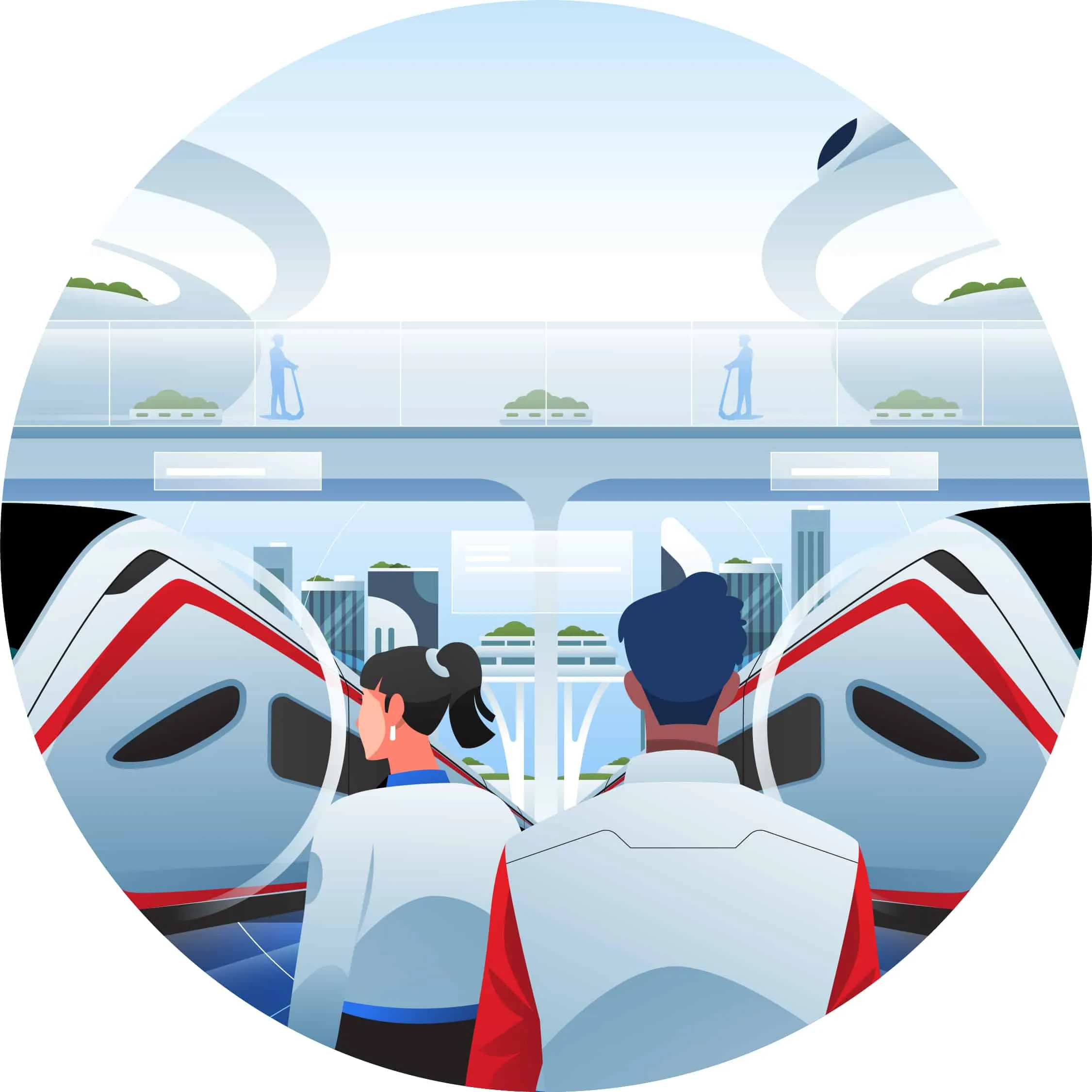 Rundes Storyboard-Bild: zwei Fahrgäste von hinten in einem futuristischen Zug über der Stadt