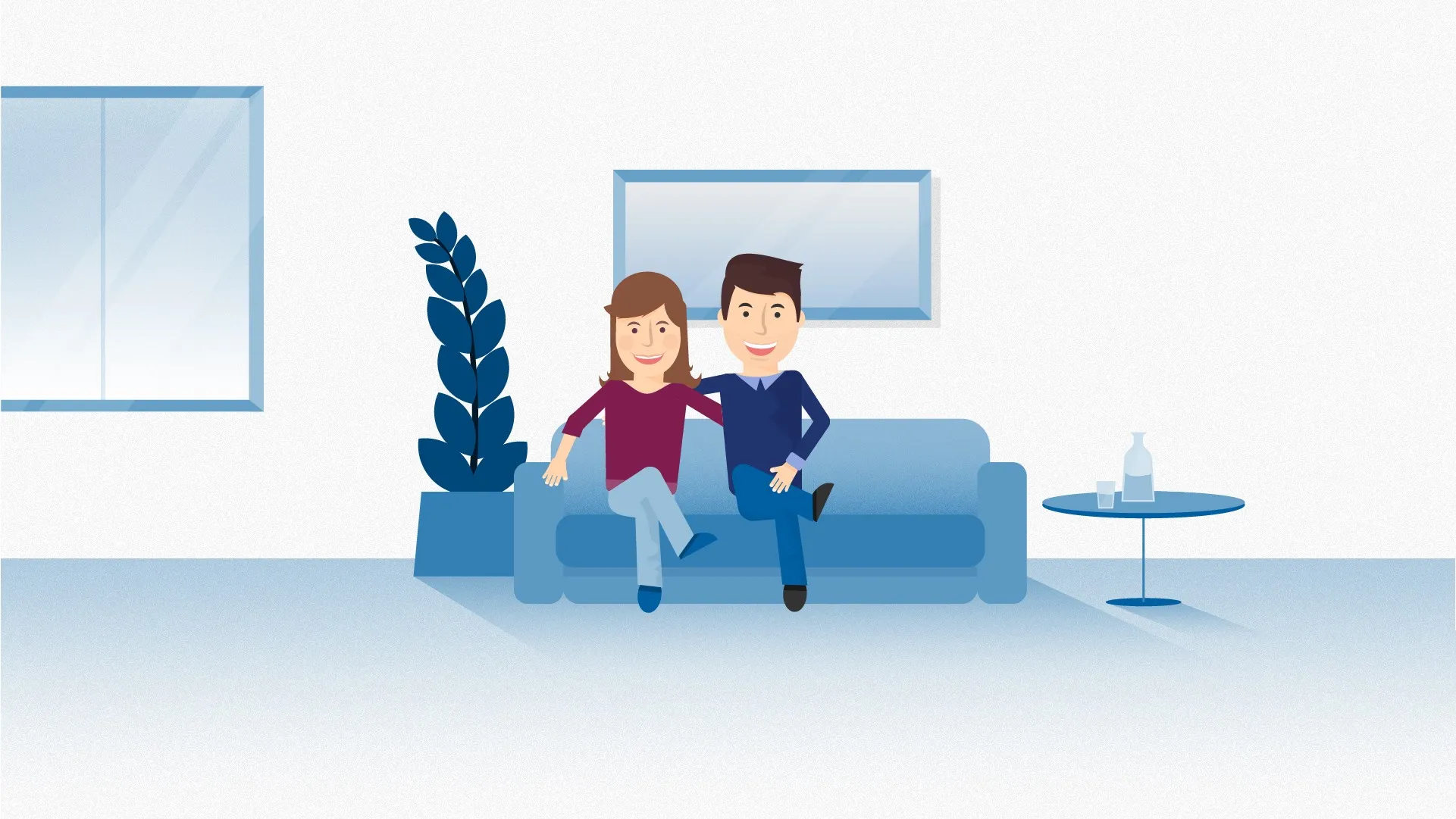 Flache Illustration in Blautönen: Paar sitzt entspannt auf dem Sofa im Wohnzimmer.