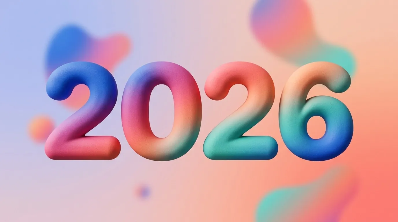 Grosse, weich modellierte Ziffern 2026 in Farbverläufen vor pastellfarbenem Hintergrund.