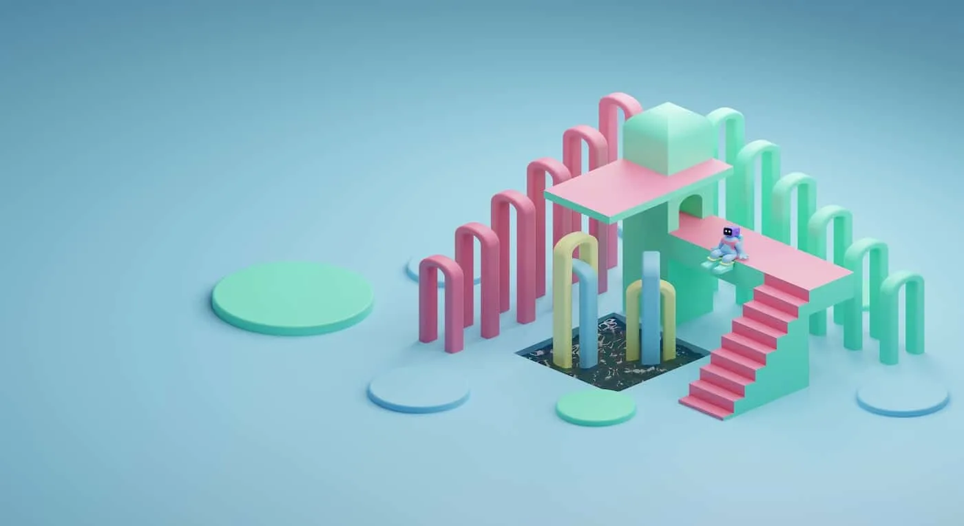 Pastellfarbene 3D-Szene mit Bögen, Treppen und einer kleinen Figur auf einem Skateboard.