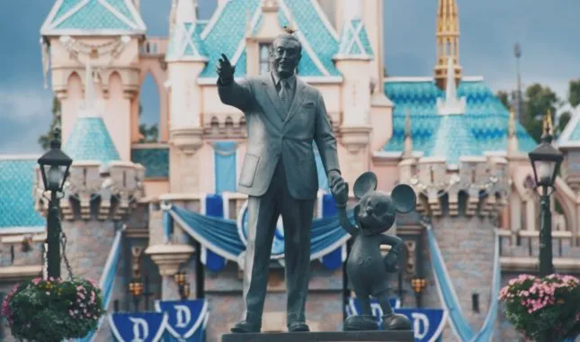 Bronzestatue von Walt Disney Hand in Hand mit Micky Maus vor dem Märchenschloss im Disneyland.