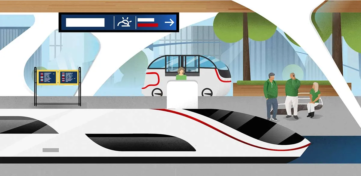 Illustrierter Bahnhof: moderner Zug am Perron, Anzeigetafeln und wartende Reisende auf einer Bank.