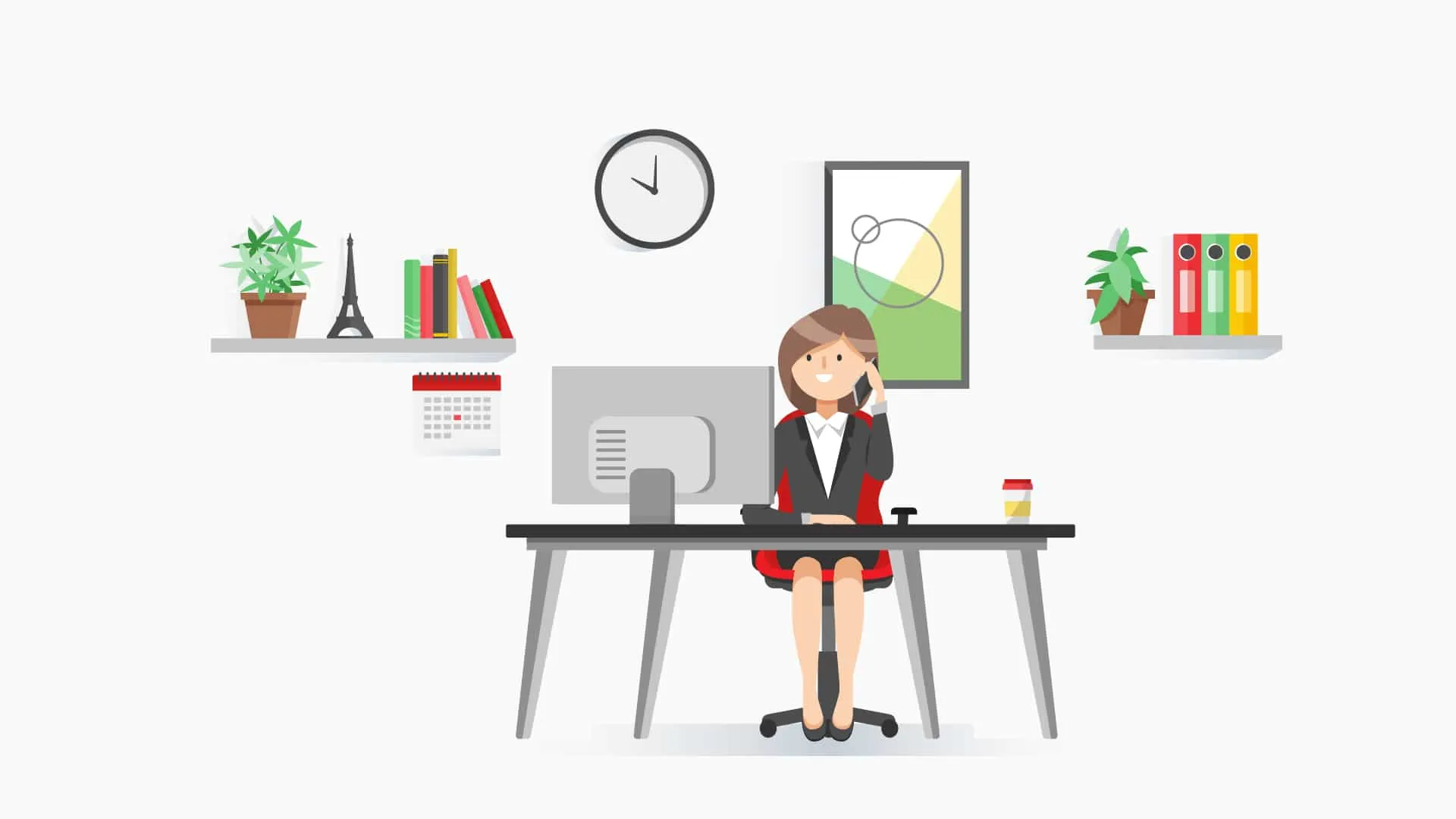 Frau im Büro telefoniert am Schreibtisch, dahinter Regale mit Pflanzen, Büchern, Uhr und Kalender