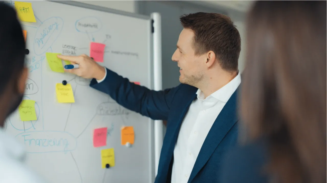 Mann im Anzug erklärt am Whiteboard eine Mindmap mit bunten Haftnotizen zu Digitalisierung und Finanzierung.