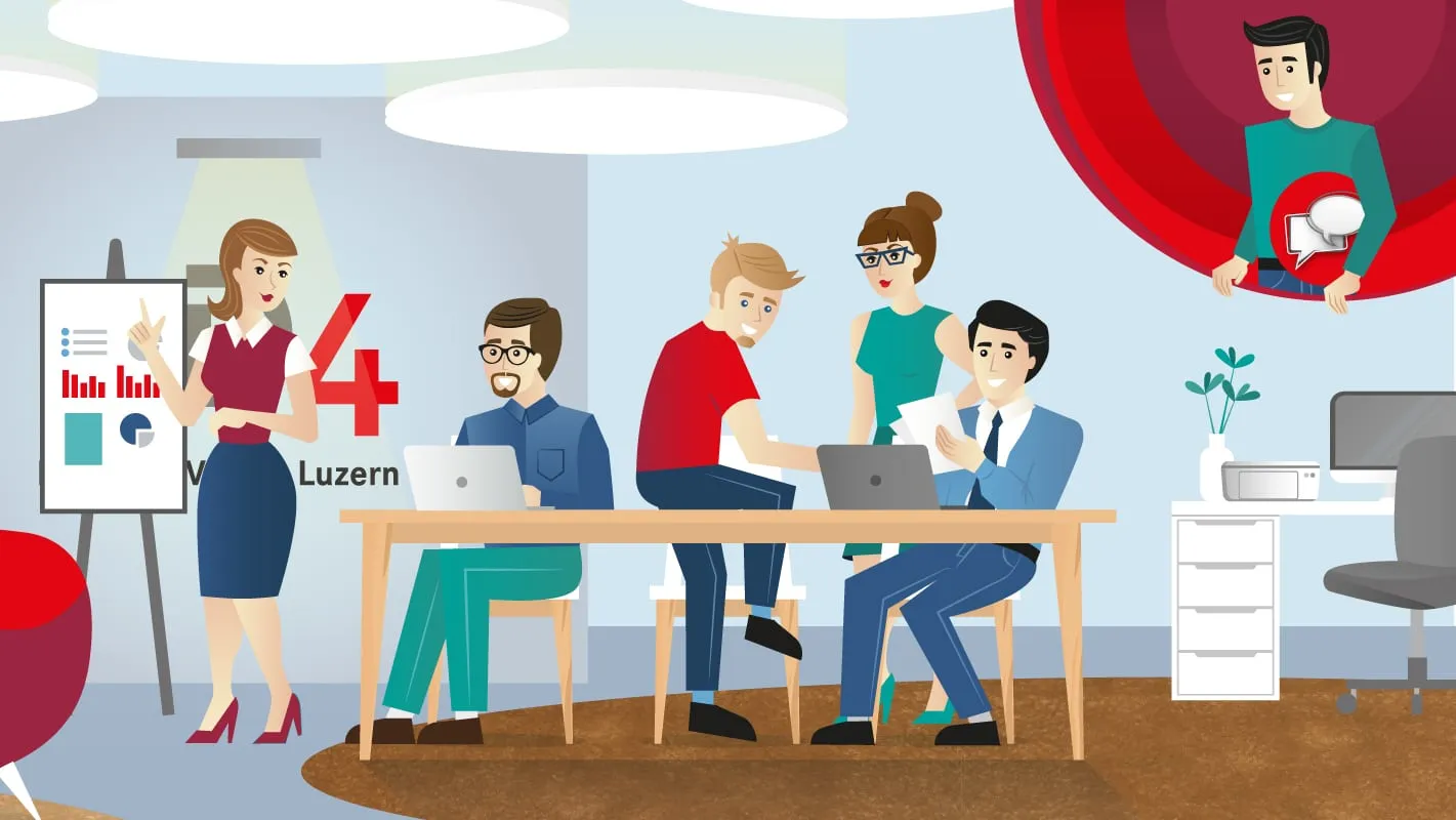 Illustriertes Coworking-Büro: Team am Tisch mit Laptops, Frau präsentiert Diagramme an der Wandtafel.