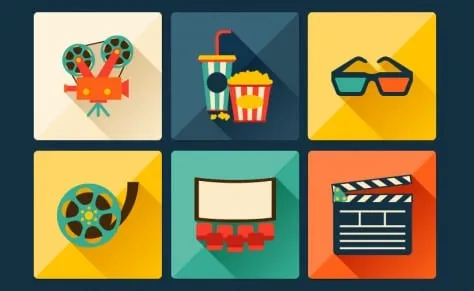 Sechs flache Icons rund ums Kino: Filmkamera, Popcorn mit Getränk, 3D-Brille, Filmrolle, Leinwand und Klappe