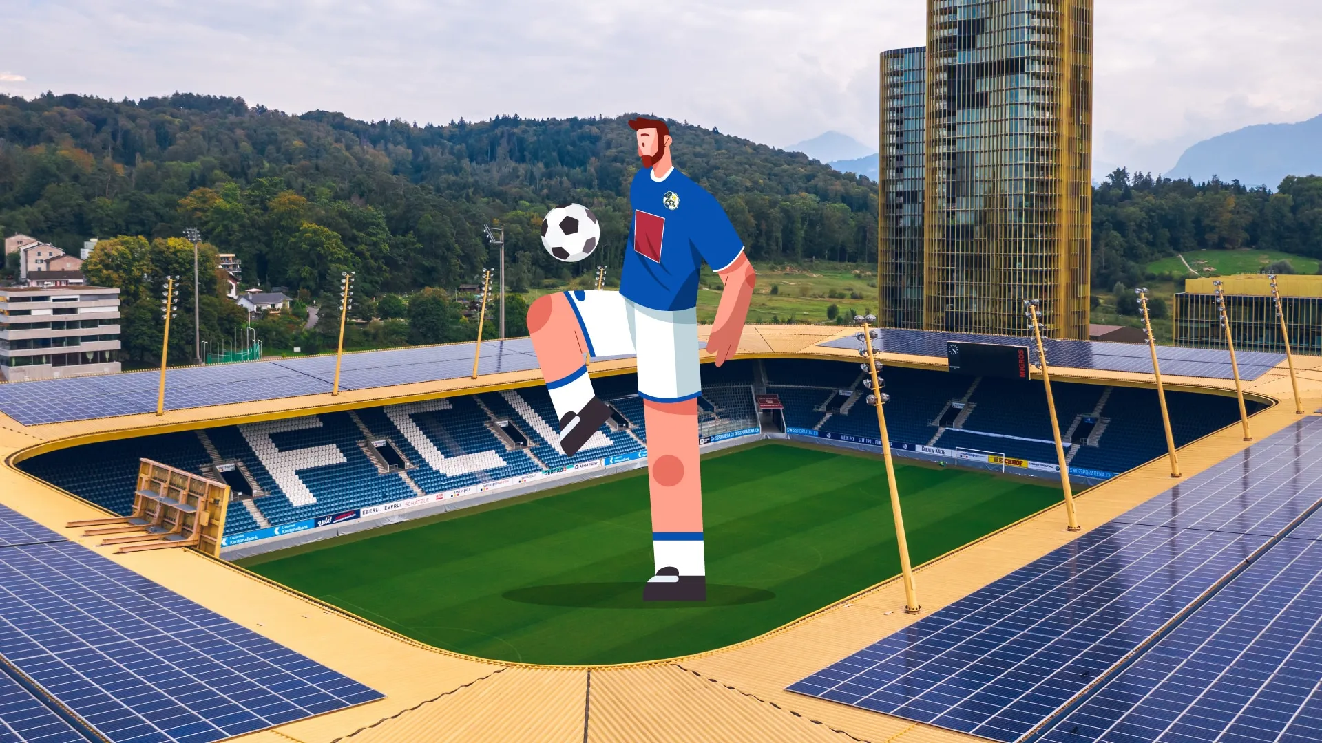 Illustrierter Fussballer im blauen FCL-Trikot jongliert einen Ball über dem Rasen der Swissporarena.