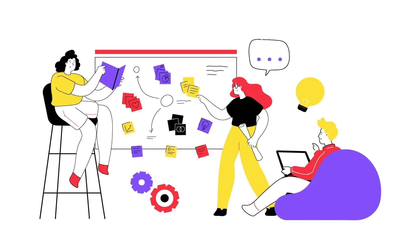Illustriertes Team sammelt Ideen auf einem Whiteboard voller Haftnotizen, Pfeile und einer Glühbirne.