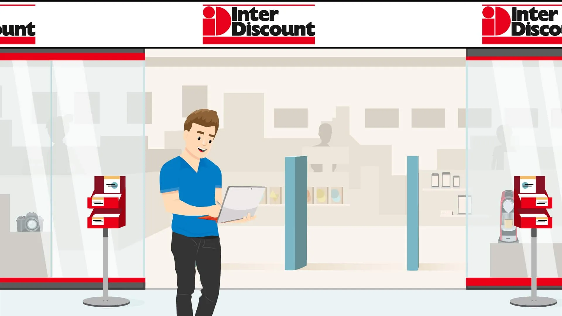 Animierter Mann mit aufgeklapptem Laptop vor der Glasfront einer Interdiscount-Filiale.