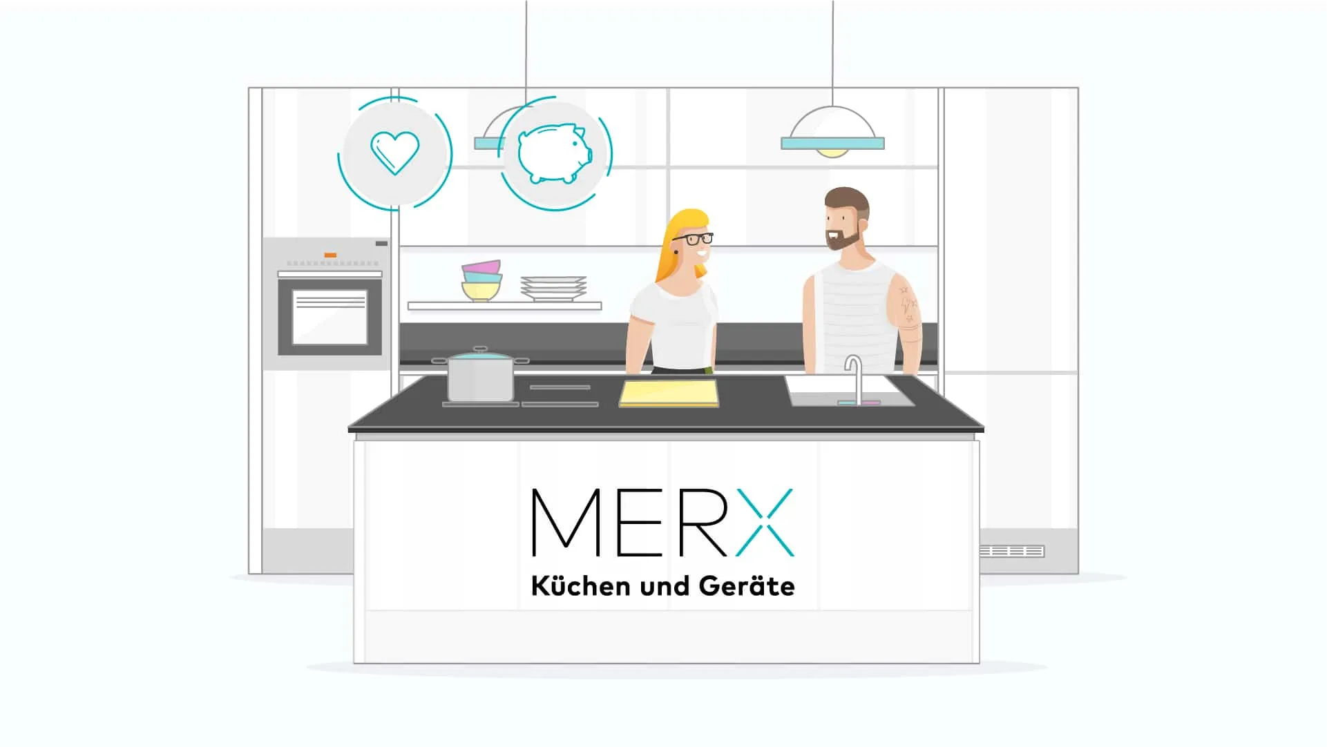 Illustrierte Küche mit Paar hinter der Kochinsel, Herz- und Sparschwein-Icons, Aufschrift «MERX Küchen und Geräte»
