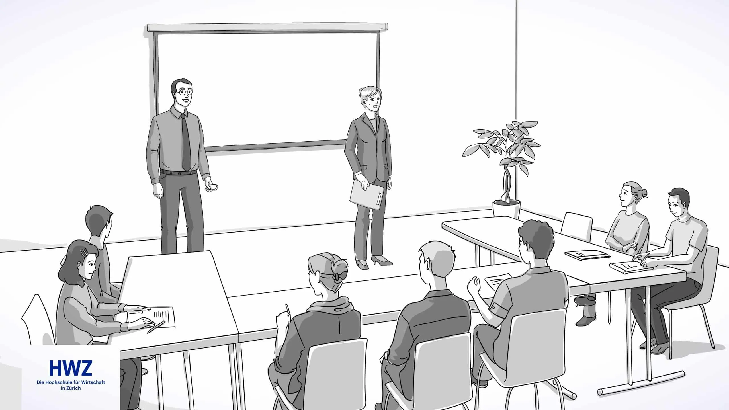 Graustufen-Illustration eines Seminarraums: zwei Dozierende vor der Leinwand, Studierende an den Tischen