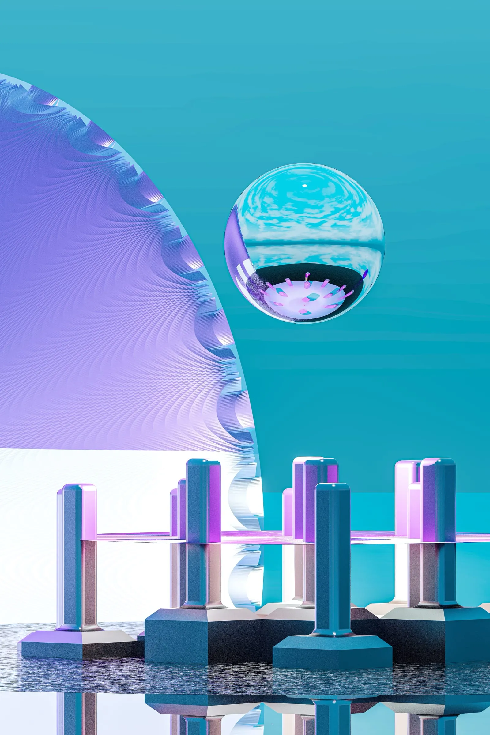 3D-Render in Türkis und Violett: verchromte Kugel schwebt über pastellfarbenen Pfosten in ruhigem Wasser.