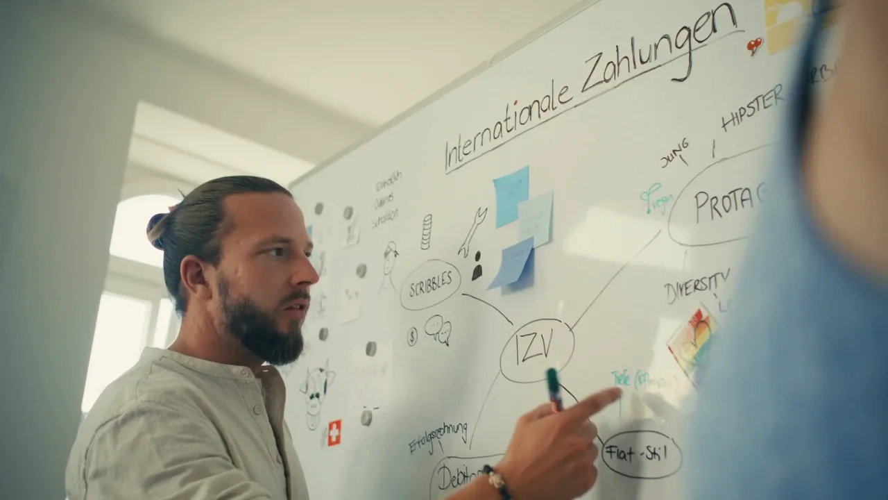 Videodesign Teammitglied erklärt eine Skizze am Whiteboard